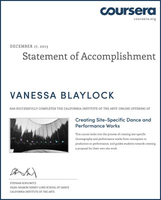 Certificate for Site Dance course from Stephan Koplowitz / CalArts / Coursera