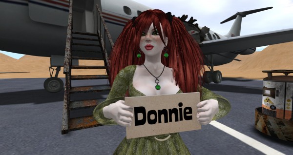 Meg O'Ryan waits at SYD airport arrivals with a sign that reads "Donie"