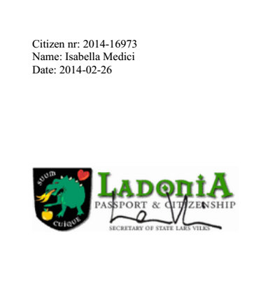 Isabella Medici's certificate of Ladonia citizenship 