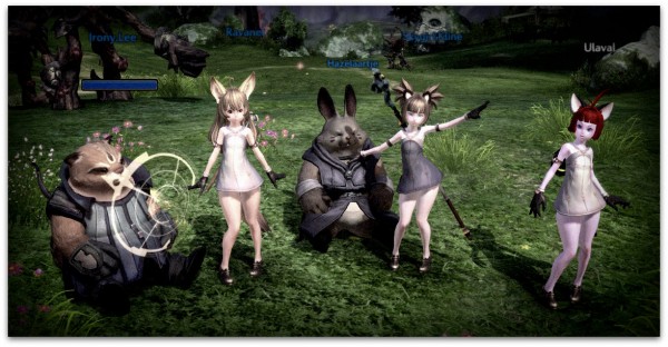 5 avatars sit in a (monster encircled) pastoral clearing in the MMORPG of Tera