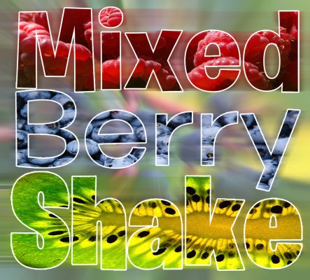 typography of "Mixed Berry Shake" with the letters made out of different types of berries