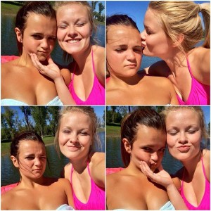 4 color photos in a 2 x 2 grid. 2 women in the photos wear swimsuits: the woman in the fuscia suit smiles and gives the other a kiss. The woman in the white swimsuit is pouty and emo.