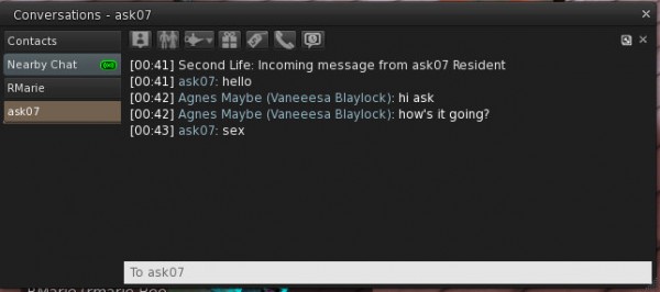 screen cap of Second Life chat with a guy who only says "Hello... Sex"