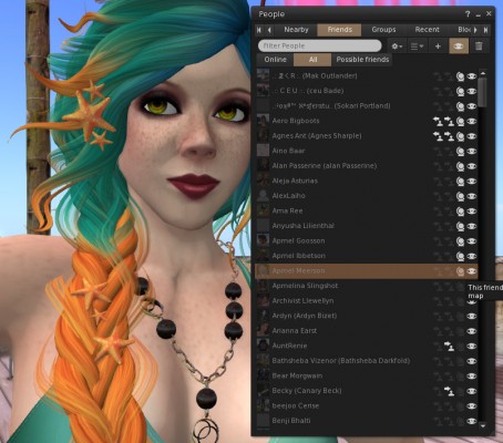 photo of Second Life friends list with "eyeballs" checked allowing friends to find Vanessa Blaylock on the in-world map