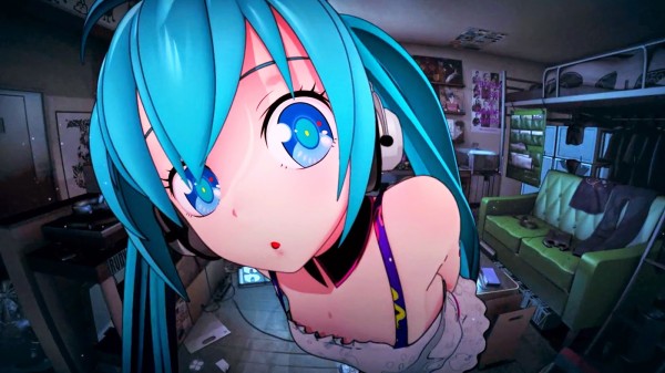 Hatsune Miku staring into the camera with an RL dressing room behind her