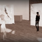 selenium toned photo of avatars in a gallery critiquing work
