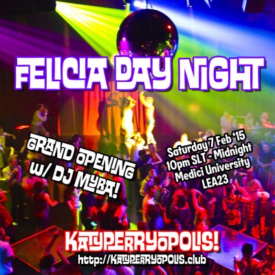 poster of a busy dance club with superimposed text "Felicia Day Night"