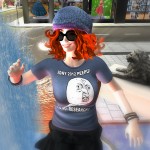 Photo of Agnes Sharple dancing in the fountain at Trafalgar Square in London and wearing a Kony 2012 t-shirt.