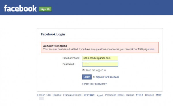 screen cap of Facebook page informing me that I've been banned by Facebook because they don't like my name.