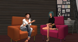 two avatars sitting on sofas in a living room
