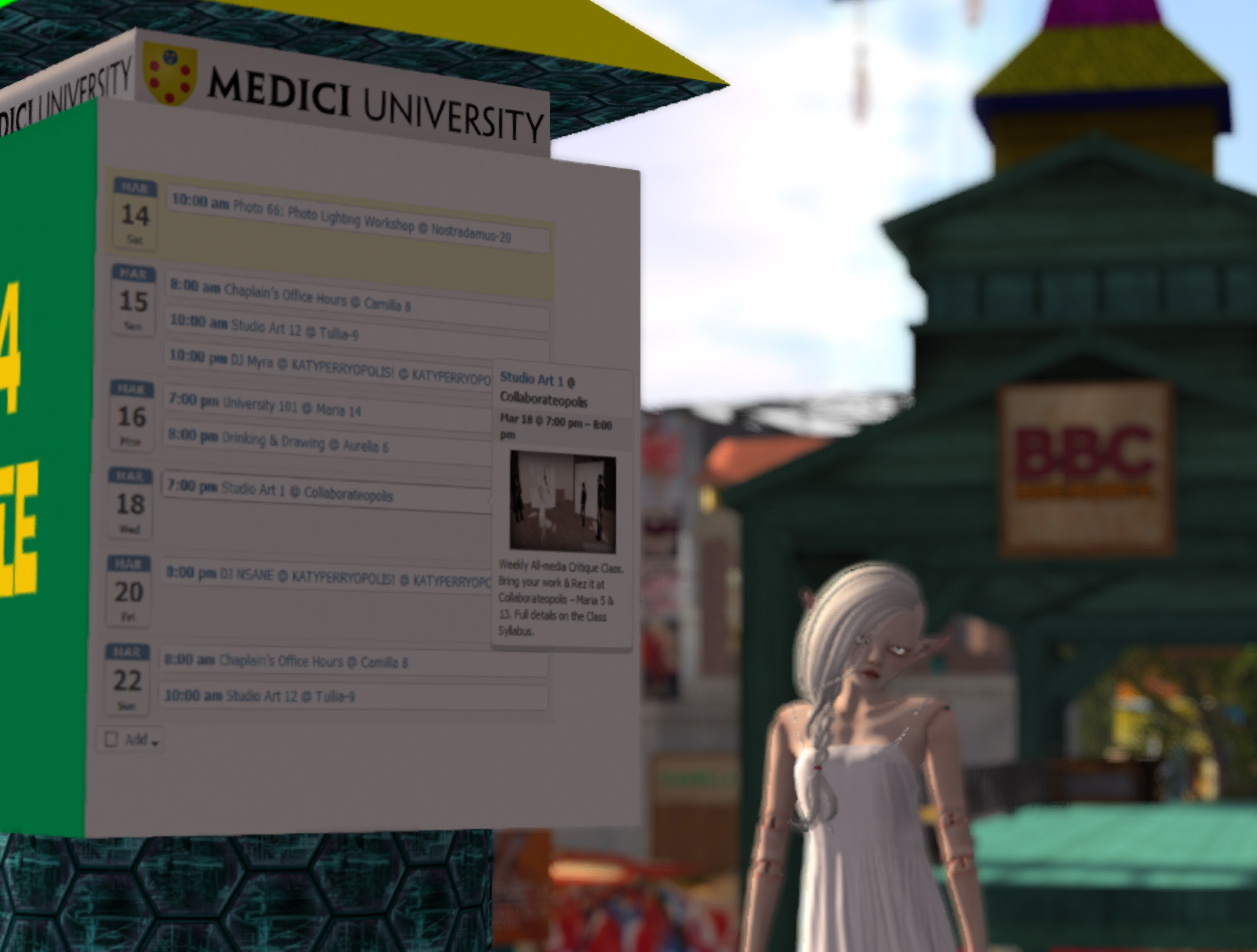 Medici University class, event, and activity schedule on a campus kiosk
